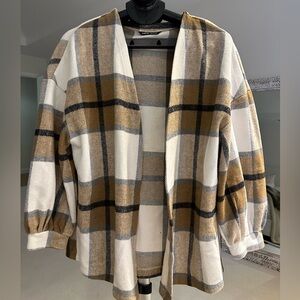 Checkered Open-Front Cardigan in Cream and Tan